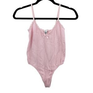 Pink Seamless Ribbed Lace Trim Bodysuit Size SM Coquette Cottage Y2K Romantic